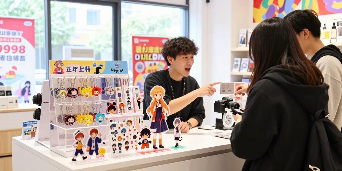 Custom acrylic standee showcased in a vibrant retail display, with a salesperson engaging a customer amidst colourful merchandise.