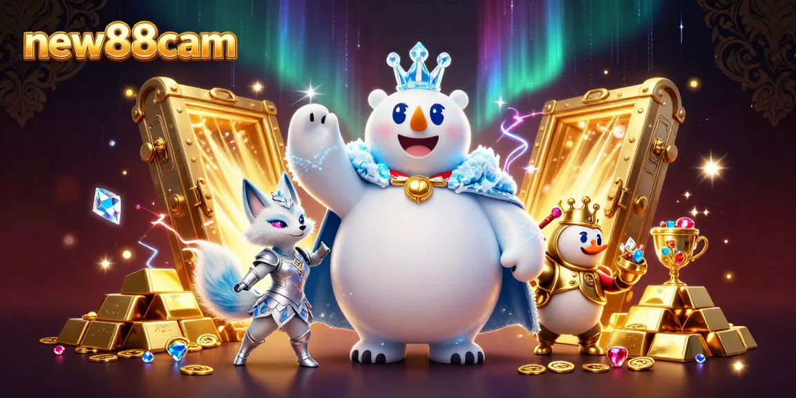 Engage with new88cam in a dazzling casino scene with a polar bear king and treasures.