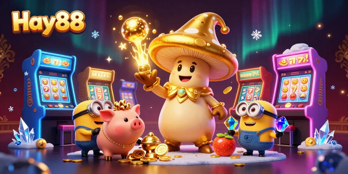 Experience Hay88's vibrant virtual casino with engaging characters, glowing arcade machines, and golden treasures.