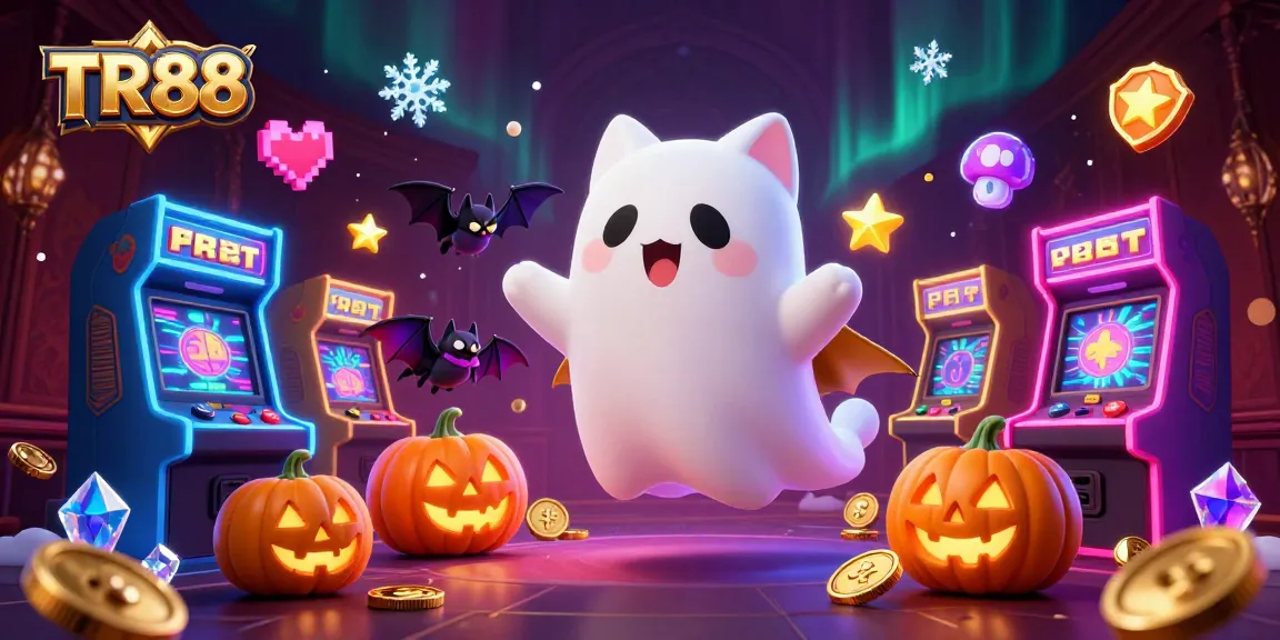 Engage with TR88's thrilling experiences featuring a ghost cat and bat exploring a haunted casino.