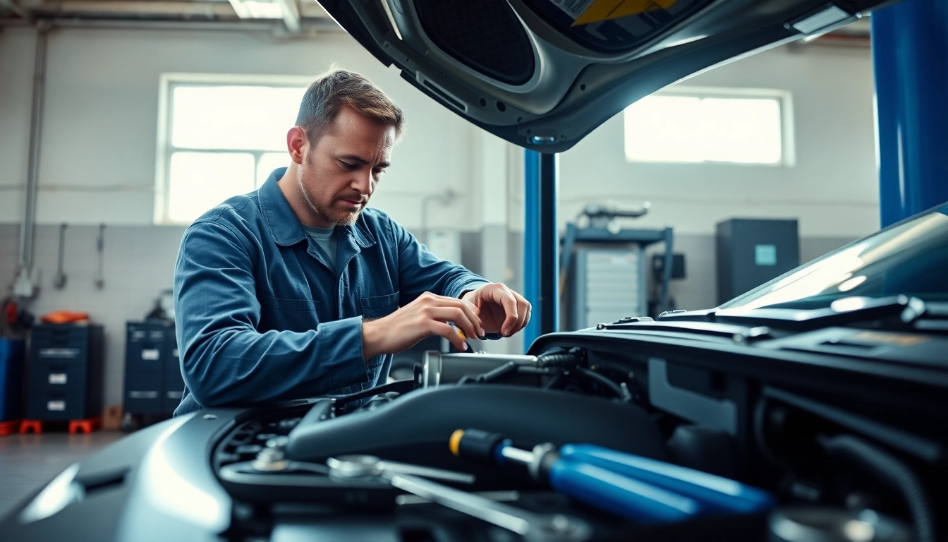 Mechanic providing preventative vehicle maintenance in a bright garage, showcasing expertise.