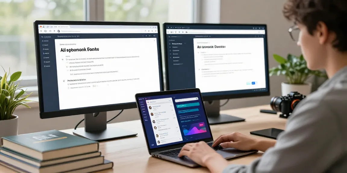 AI product FAQ answers generator in a modern tech workspace with dual monitors displaying templates and AI query analysis.