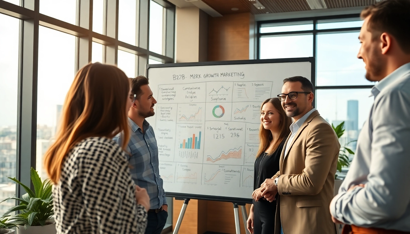 Teams strategizing for b2b growth marketing in a modern office environment with engaging discussions.
