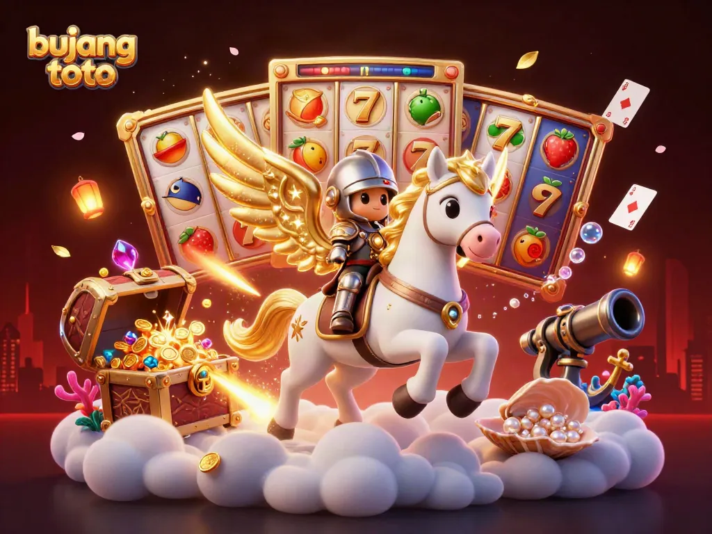 Bujang toto paints a vibrant scene of a celestial horse and knight among slot machines, igniting excitement.