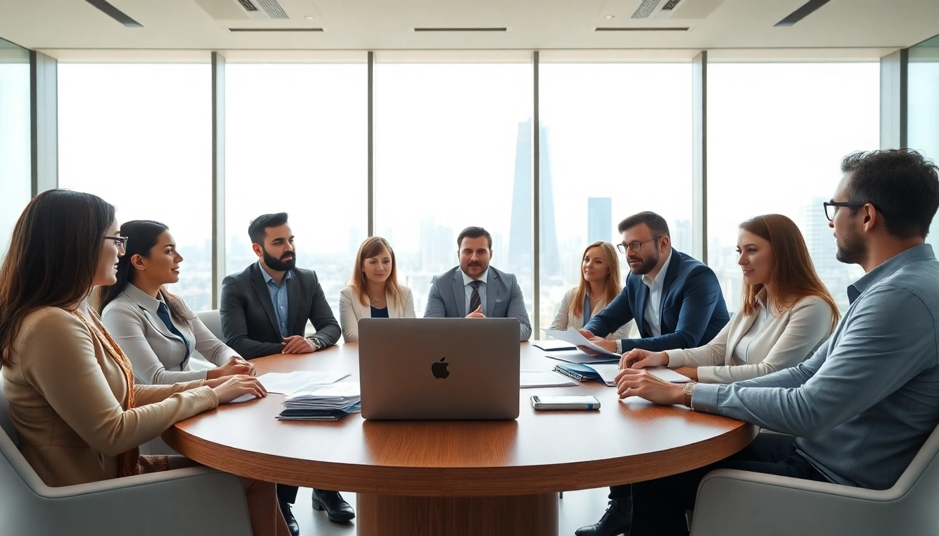Collaborative team discussing strategies with staffing agencies at a modern office