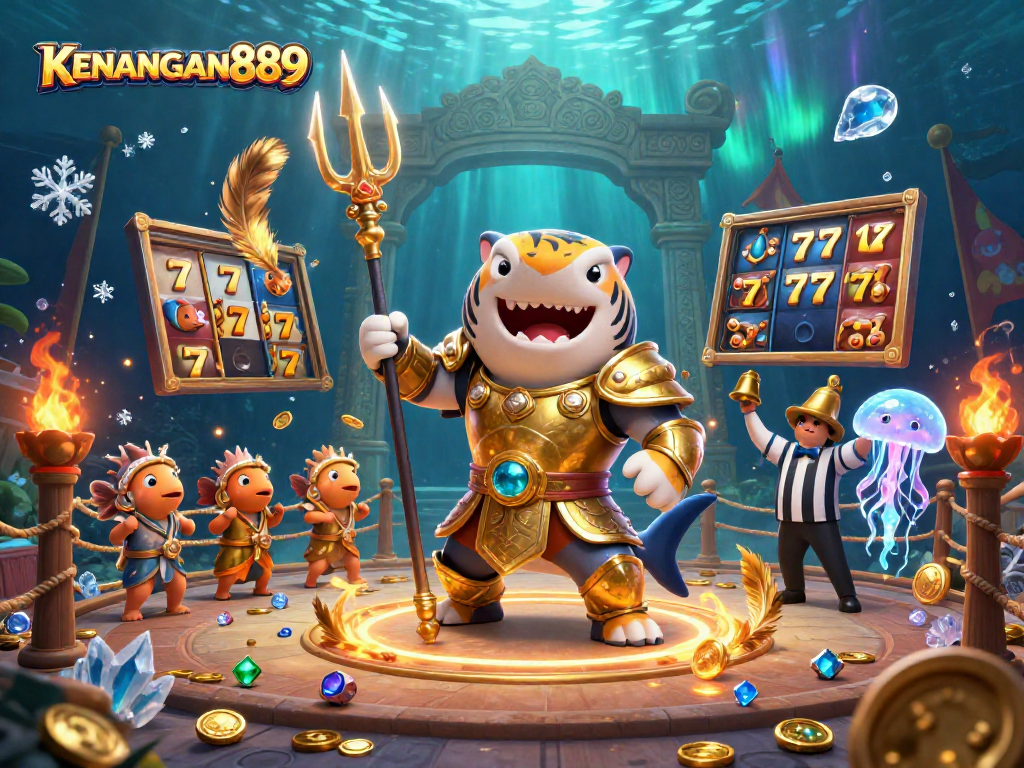 Experience the thrills of KENANGAN889 with dynamic slot graphics and an underwater gladiator scene.