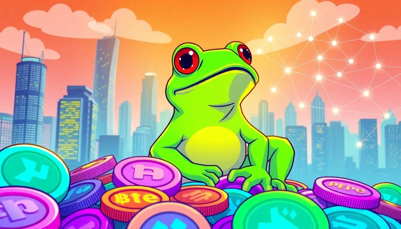 Pepecoin.nl cryptocurrency image showcasing Pepe the Frog with coins and digital elements.