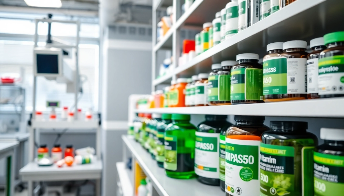 Showcase of a professional supplement manufacturer with high-quality vitamins in a laboratory setting.