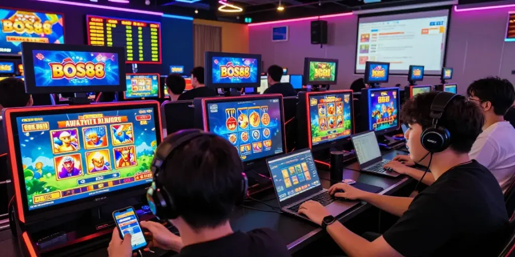 Engaging players enjoying the BOS88 online gaming experience with multiple devices in a vibrant lounge.