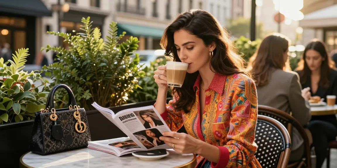 Glamorous scene featuring a well-known actress enjoying coffee, highlighting celebrity life stories and famous personalities profiled while immersed in urban café atmosphere.