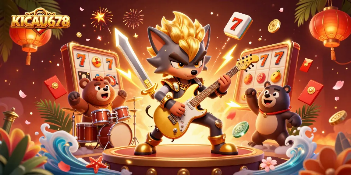 Experience excitement with KICAU678 as a rock star wolf and bear drummer perform on stage surrounded by vibrant casino elements.