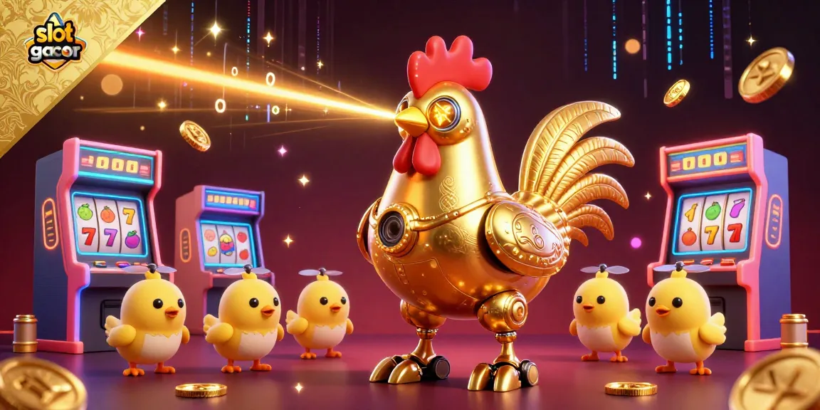 Engage with slot gacor through 3D golden rooster robot and colorful arcade games, showcasing dynamic casino energy.