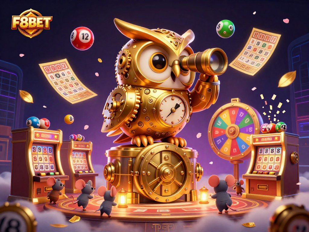 Experience F8BET's thrilling casino ambiance with a clockwork owl and dynamic game elements.