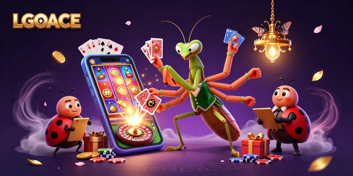 LGOACE highlights thrilling casino action with a praying mantis dealing cards and coins erupting from a smartphone.