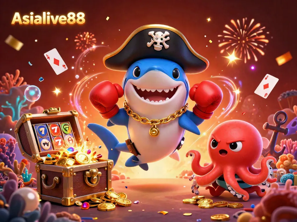 Engage with Asialive88's dynamic 3D casino scene featuring a lively shark, pufferfish, and octopus amidst dazzling game elements.