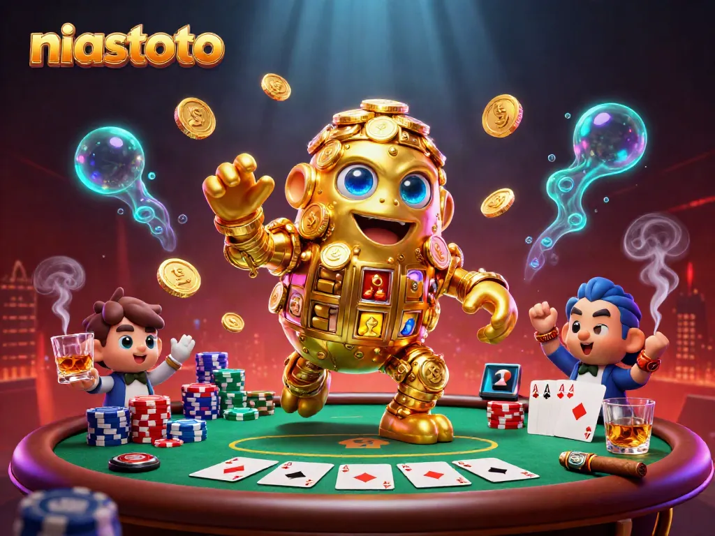 Experience exhilarating moments at niastoto with golden golem illustration and poker elements.