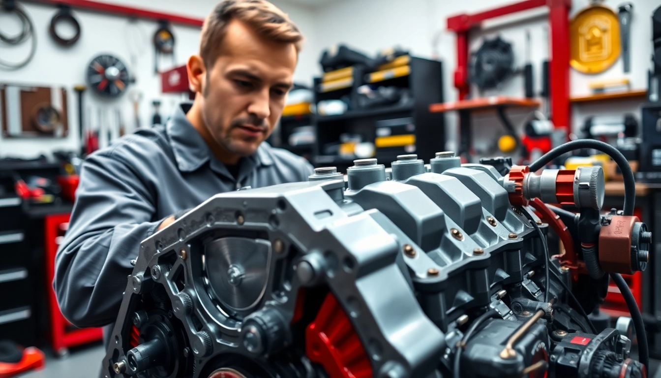 Inspecting engines at Approved Engines workshop with professional mechanic engaged in work.