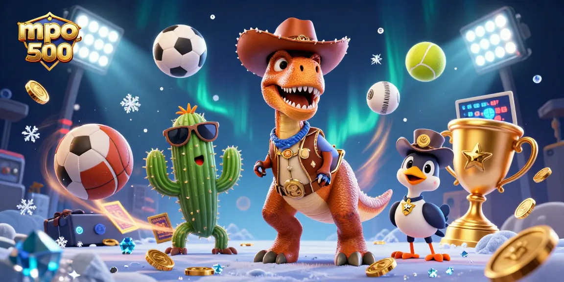 Exciting mpo500 gameplay featuring T-Rex and friends with vibrant sports elements and a dynamic casino atmosphere.