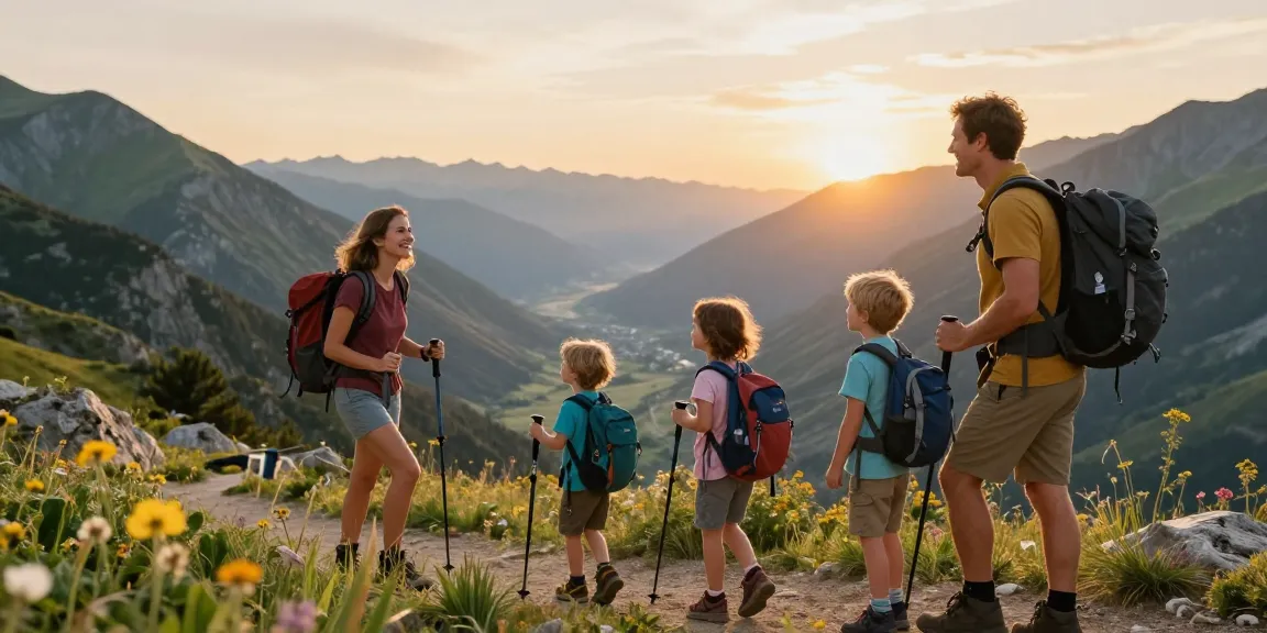 A family exploring the outdoors, engaging in adventures with mantra88's community spirit during a golden hour sunset.