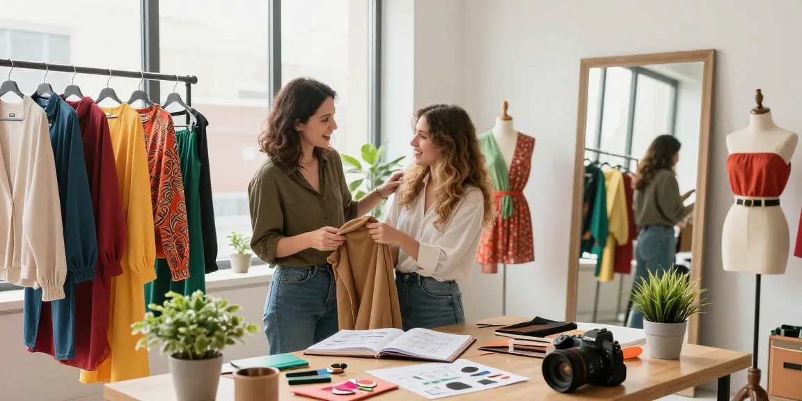 Consulente d'immagine analizza il guardaroba di una cliente in un luminoso studio.