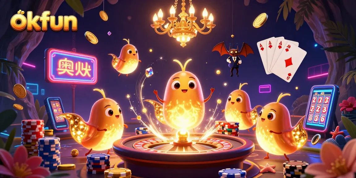 Experience the thrill of okfun while winning with cascading coins and vibrant colorful gaming elements.