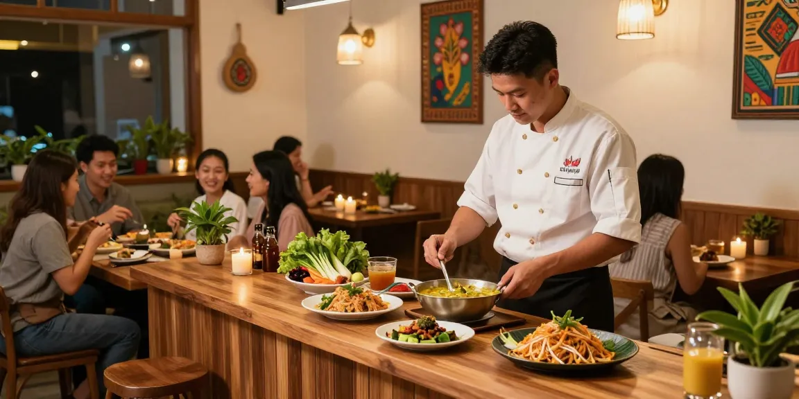 Kinalyrestaurant.com showcases a vibrant Thai dining atmosphere with chefs preparing traditional dishes.