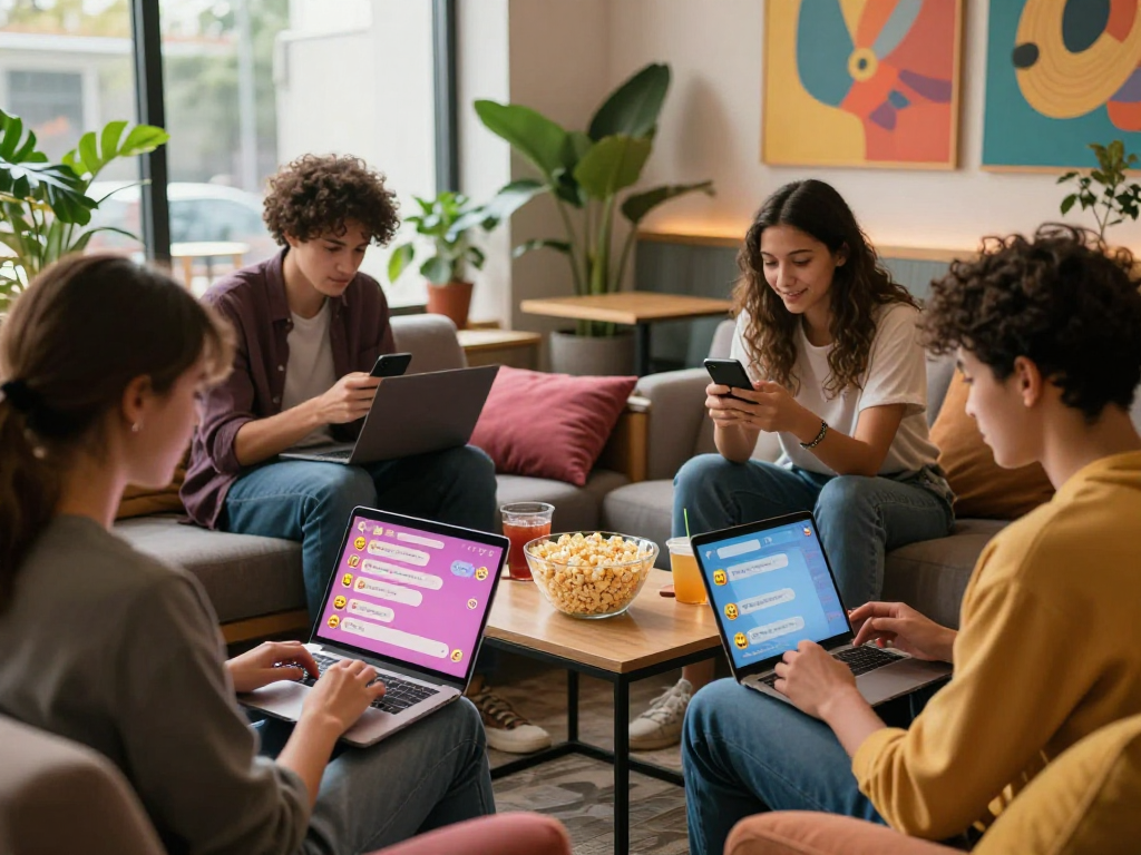 Engaging scene of young adults enjoying nsfw chat on multiple devices in a vibrant lounge setting.