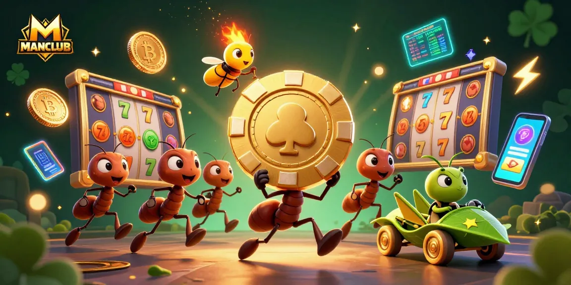 Engage with MANCLUB's slot excitement as ant characters pull off a heist with a golden poker chip.