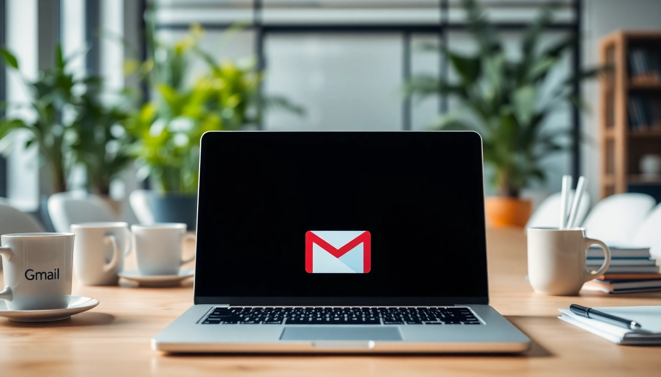 在现代办公环境中，展示gmail下载的工作区，强调其简洁功能和前景。