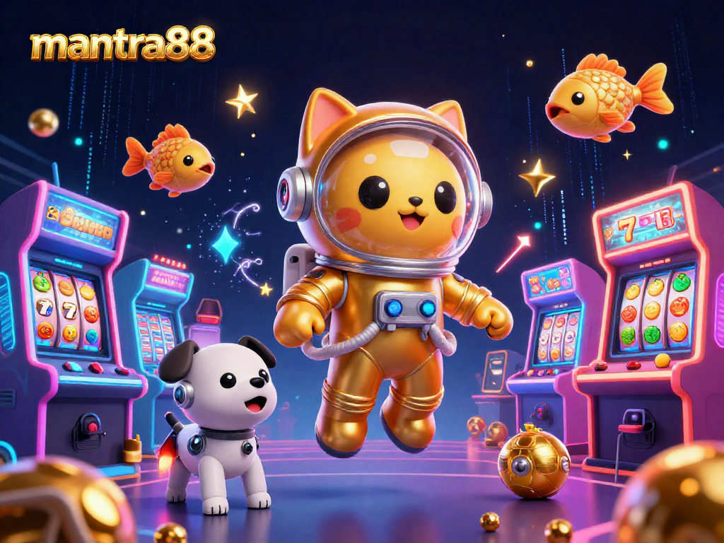 Engage with mantra88's vibrant slot experience, featuring colorful reels and gaming characters.
