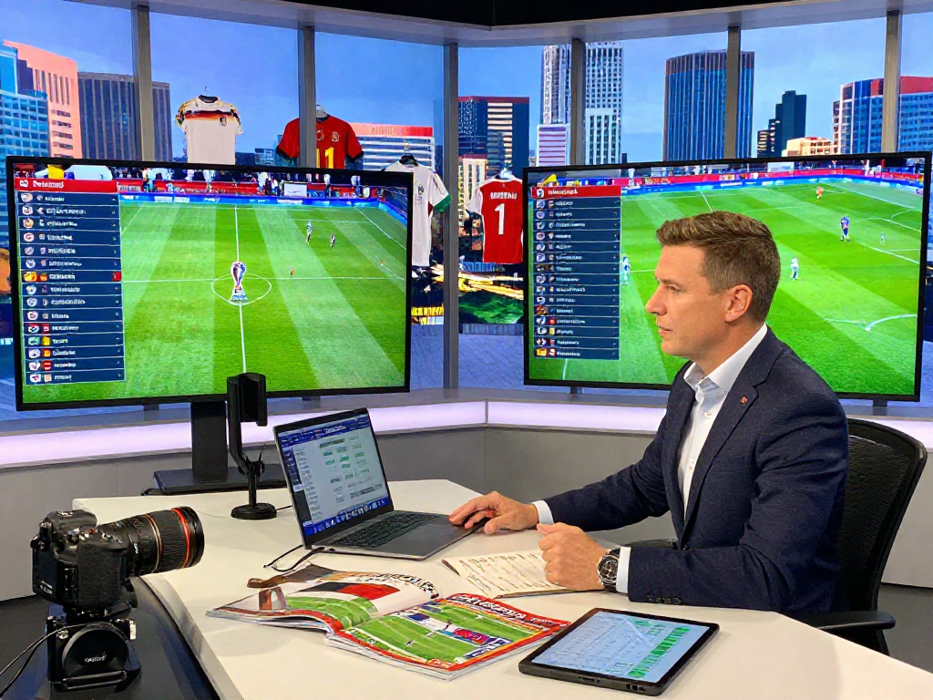 Sports commentator analyzing thefappening match Germany vs. Curaçao with statistics and schedules
