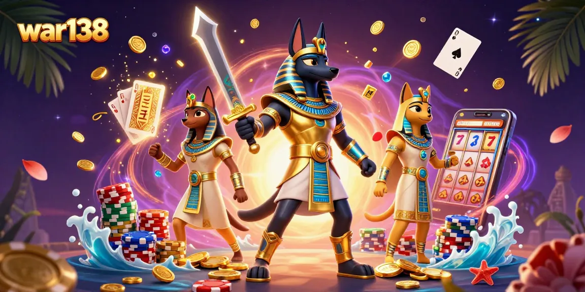 Experience the thrill of war138 with Anubis and Bastet in this vibrant casino scene.