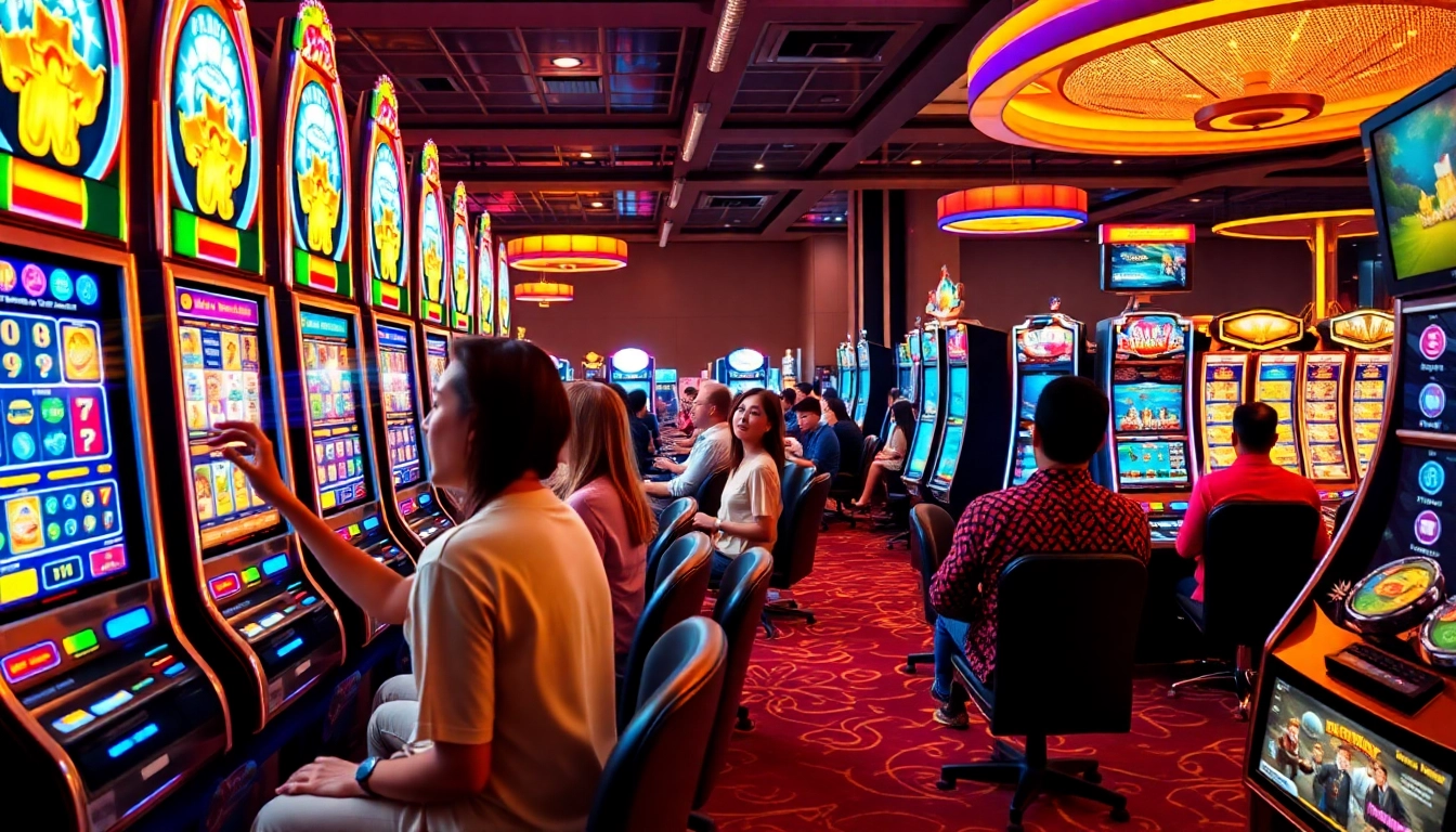 Menampilkan Mega888 APK dalam suasana kasino dengan pemain teruja dan permainan berwarna-warni.
