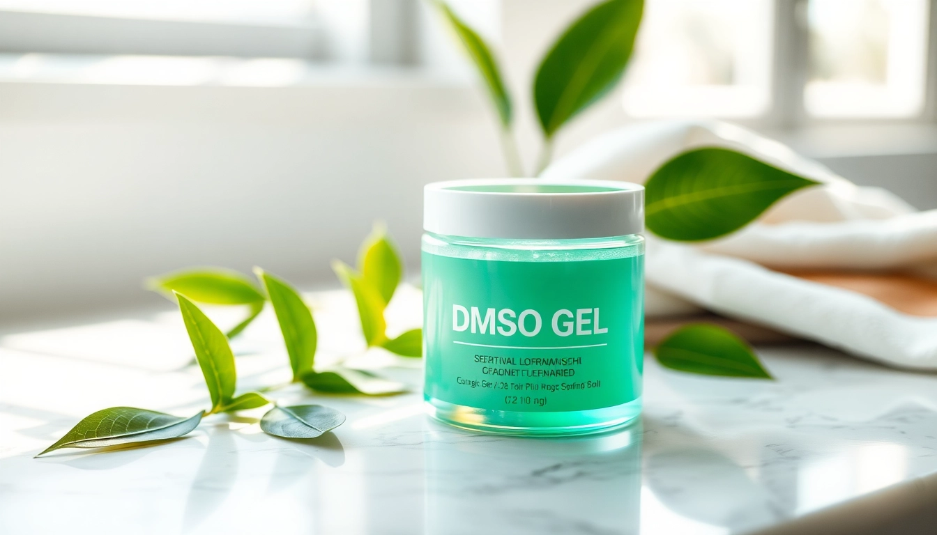 DMSO gel for humans container with natural elements, highlighting its therapeutic benefits.