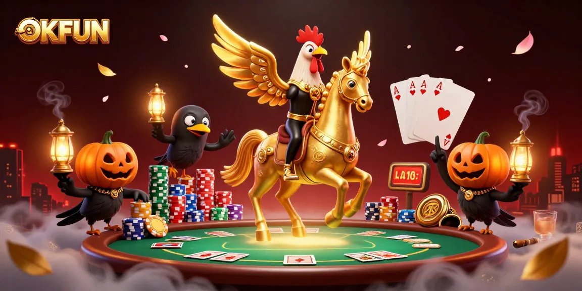 Experience thrilling moments at OKFUN with a golden rooster riding a spectral horse in a vibrant casino.
