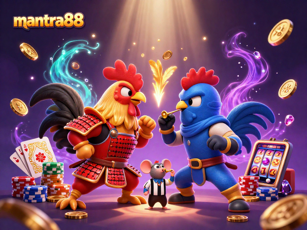 Win big with mantra88 at the thrilling clash of cartoon roosters in a vibrant casino scene.