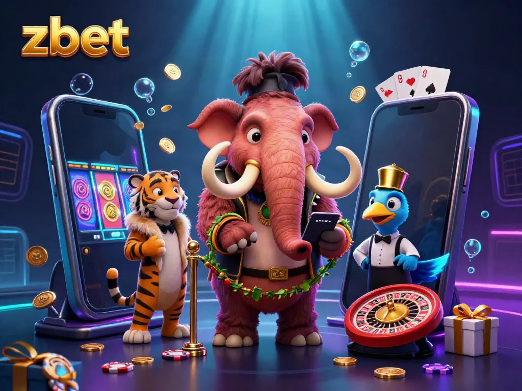 Experience the vibrant zbet casino with a woolly mammoth bouncer and saber-tooth tiger guest, surrounded by exciting gaming elements.