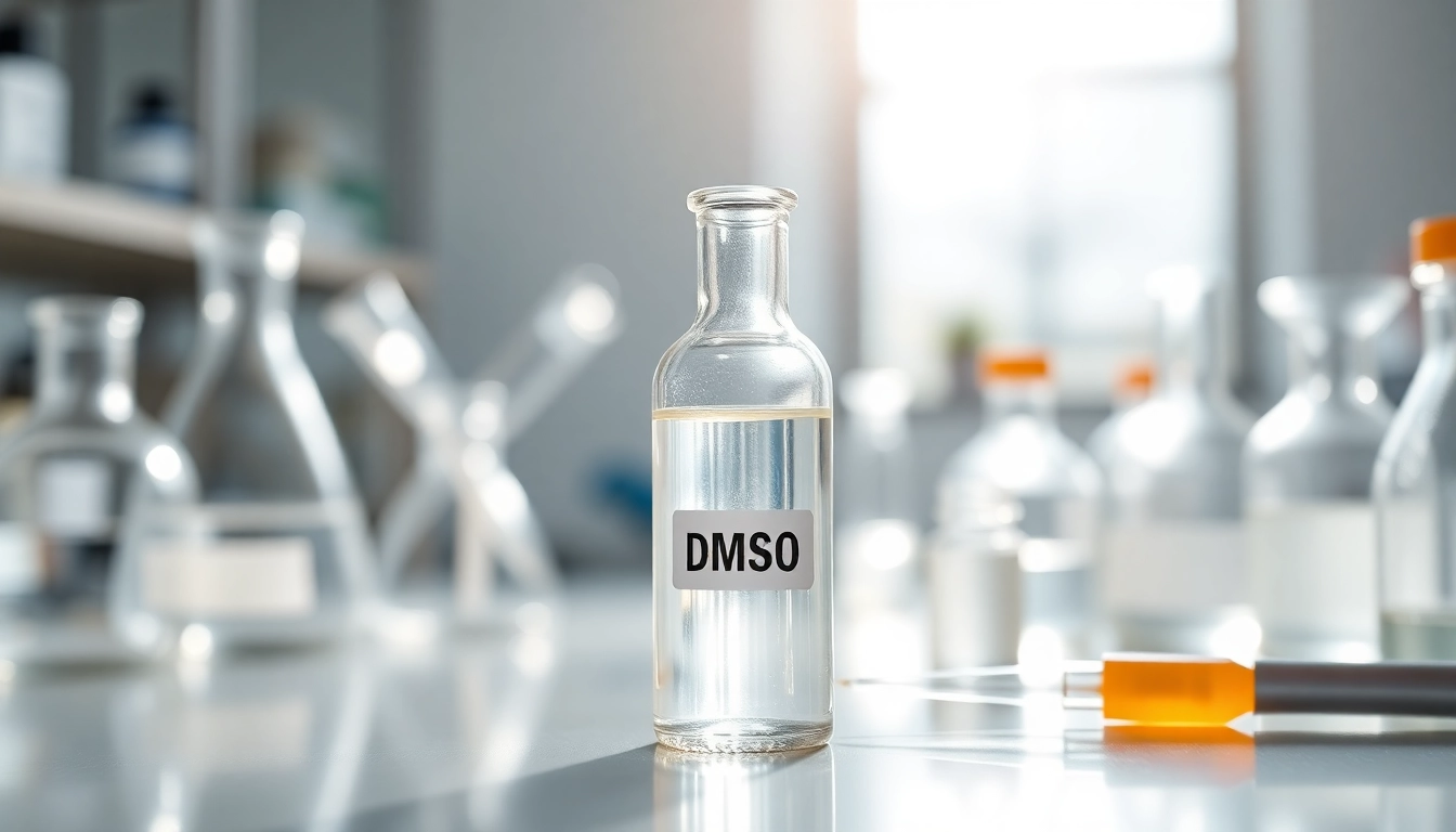 DMSO in a clear vial set in a professional laboratory environment with scientific tools.