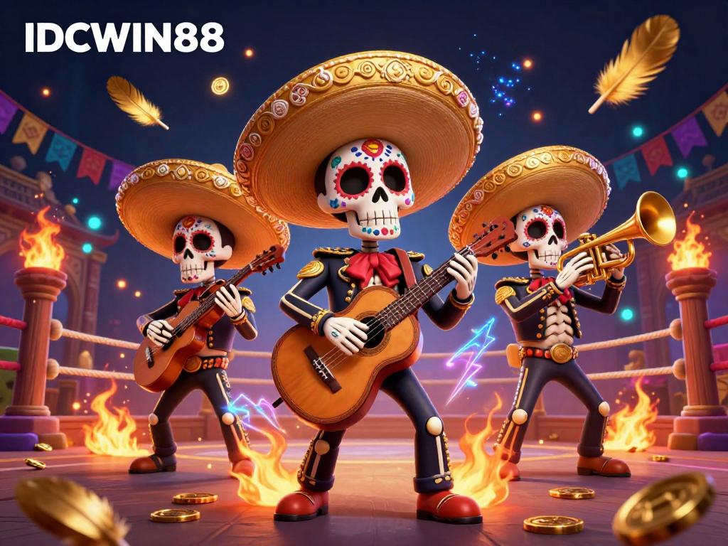 Experience thrilling gameplay with IDCWIN88 as lively skeleton mariachi musicians energize the casino atmosphere.