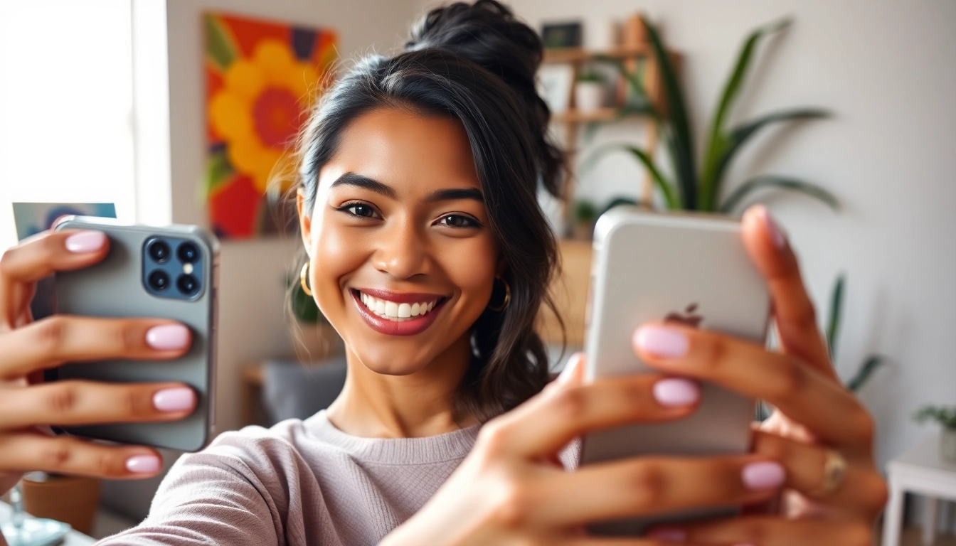 Person taking a selfie with a smartphone in a bright, welcoming studio.