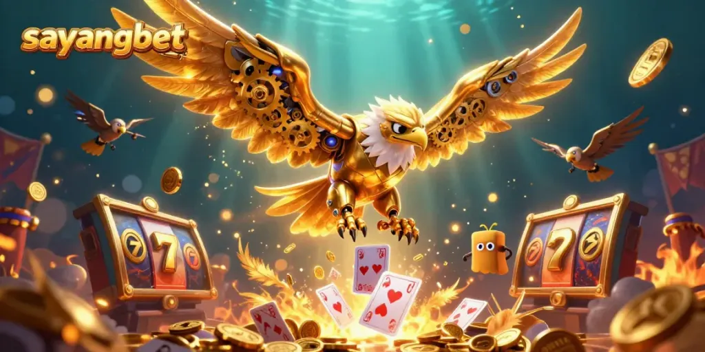 Engage with the vibrant world of sayangbet as a cybernetic eagle dives through slot symbols and cards.