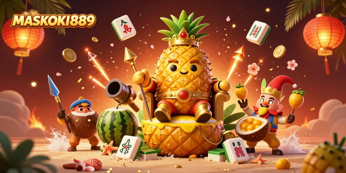 Engage with MASKOKI889's vibrant gaming world, featuring a pineapple king in an energetic casino setting.