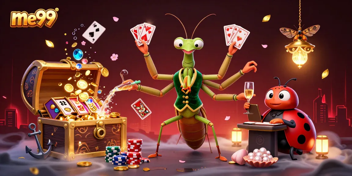 Experience dynamic gaming action with me99's vibrant casino scene, featuring a mantis and ladybug!