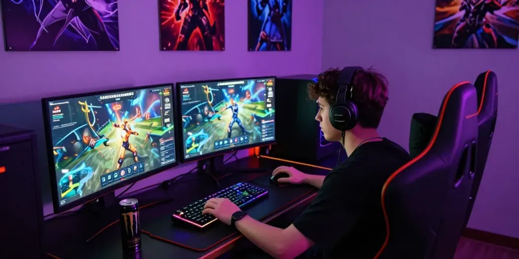 Pengguna king128 bermain game online di ruangan neon yang menarik.
