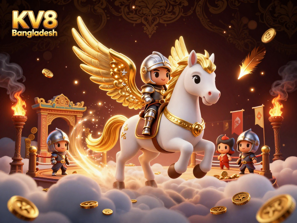 Experience high-energy casino gaming with KV8 Bangladesh, showcasing knights and celestial horses in a vibrant illustration.