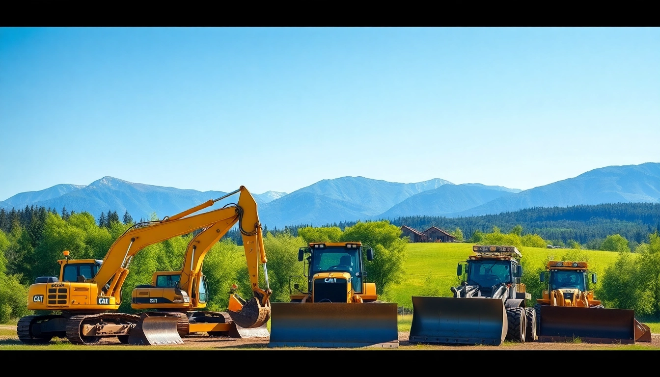 Spotlight on Columbia Falls equipment rental showcasing excavators and bulldozers in a scenic landscape.