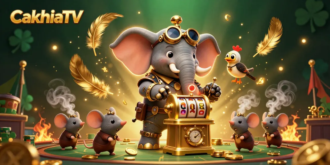CakhiaTV showcases a dynamic sports betting scene with steampunk characters operating a golden slot machine amidst swirling golden feathers and coins.