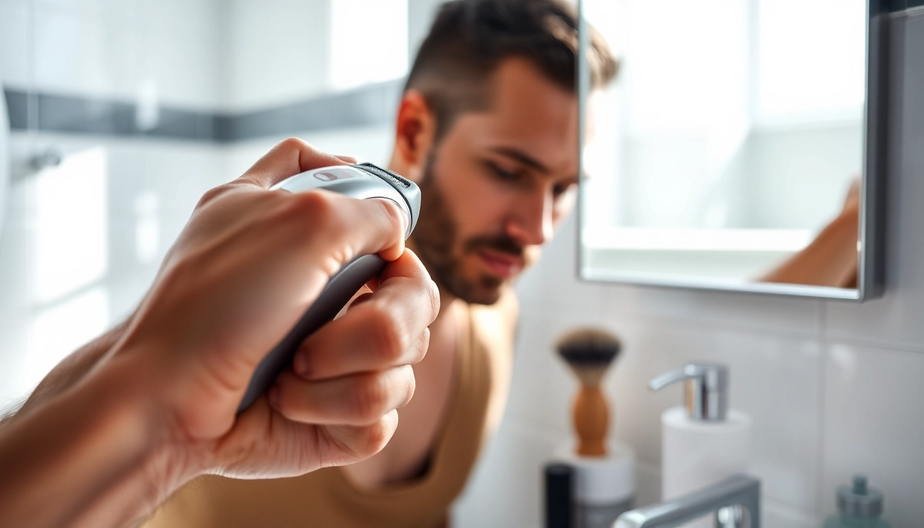 Using an electric shaver for men in a modern grooming setup.