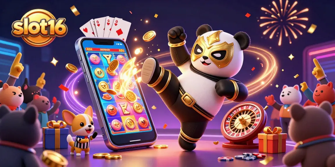 Experience slot16 excitement with a dynamic 3D scene featuring a flying wrestler panda and animated slot game elements.