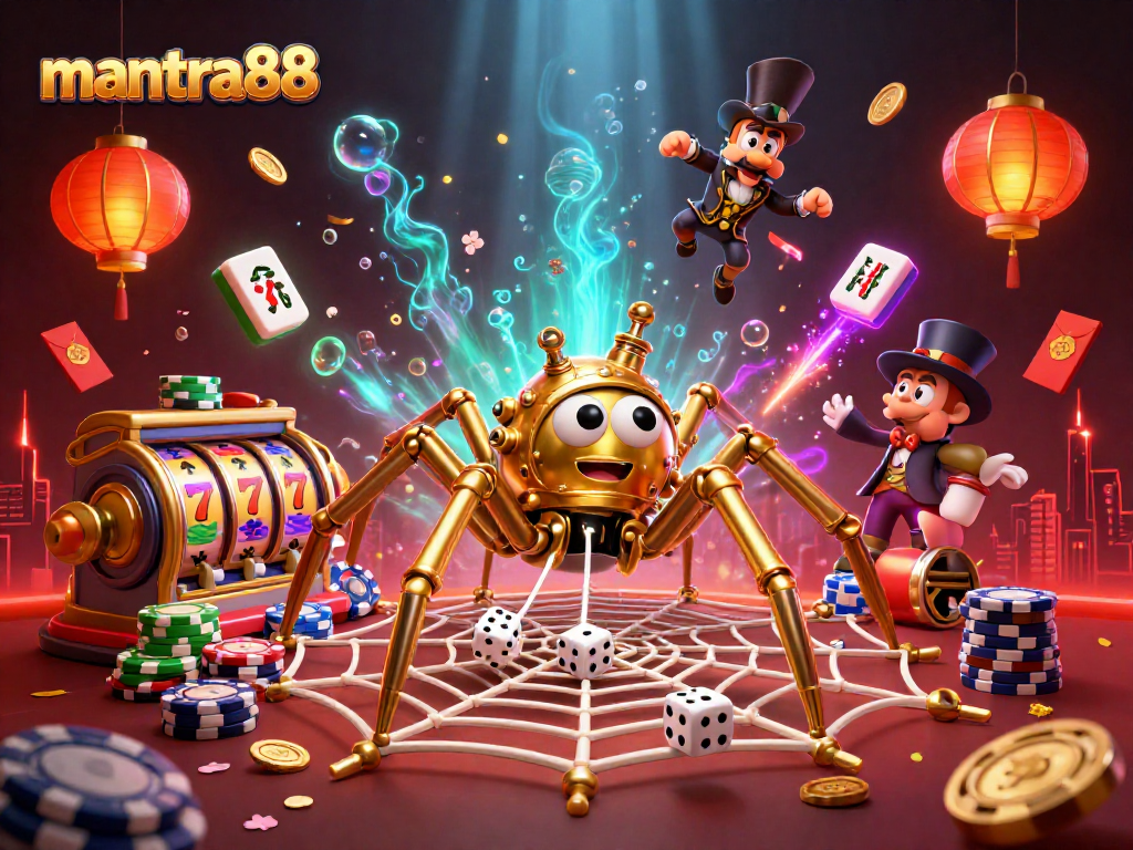 Experience winning at mantra88 with a vibrant 3D casino scene featuring steampunk elements and colorful game symbols.